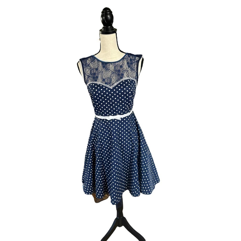 Friday on my Mind Deanna navy polka dots and lace sleeveless dress size S